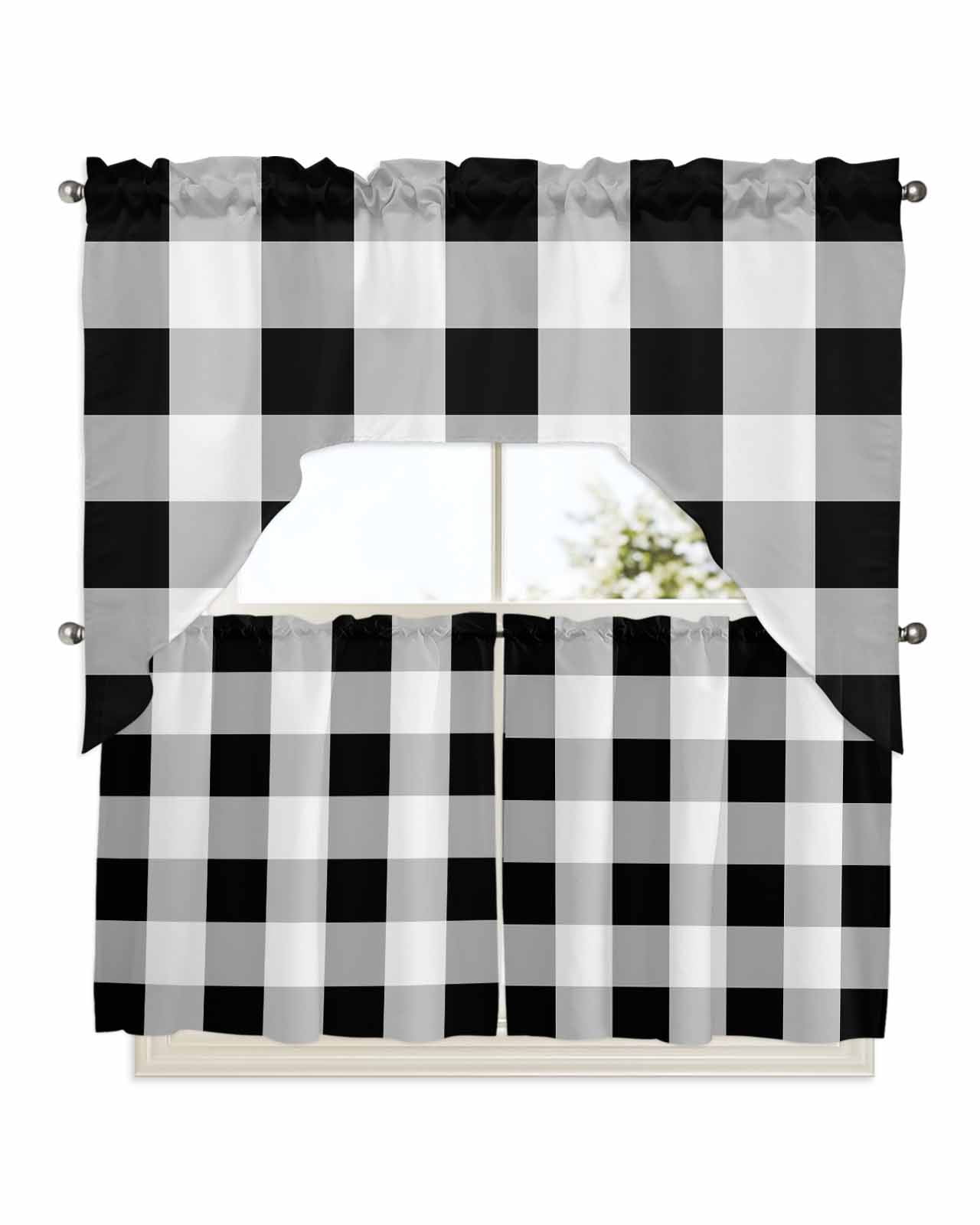 Black White Plaid Kitchen Curtains Swag Valance and Tier Curtains Set ...