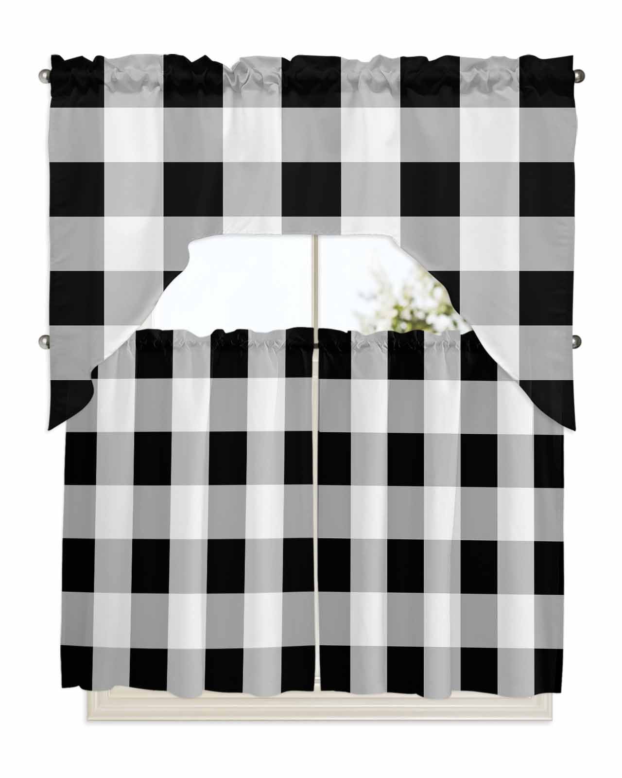 Black White Plaid Kitchen Curtains Swag Valance and Tier Curtains Set ...