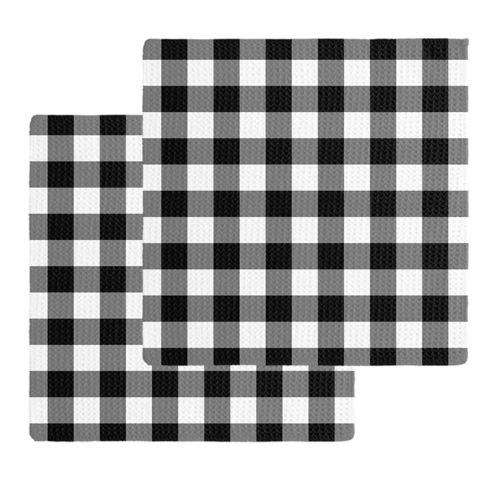 Black White Plaid Kitchen Dish Towels for Drying Dishes Set of 2, Gradient Geometric Buffalo Checkered Waffle Weave Microfiber Hand Tea Bathroom Towels Quick Dry & Absorbent Towel 12x12