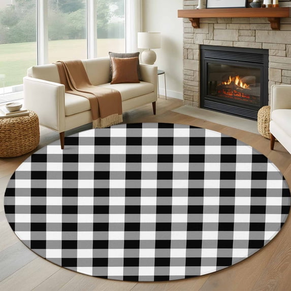 Black and White Plaid Large Round Rug 8 FT, Non Slip Living Room Area Carpet, Farmhouse Checkered Buffalo Washable Soft Circle Rug Non-Shedding Floor Carpet for Bedroom Office Dining Room