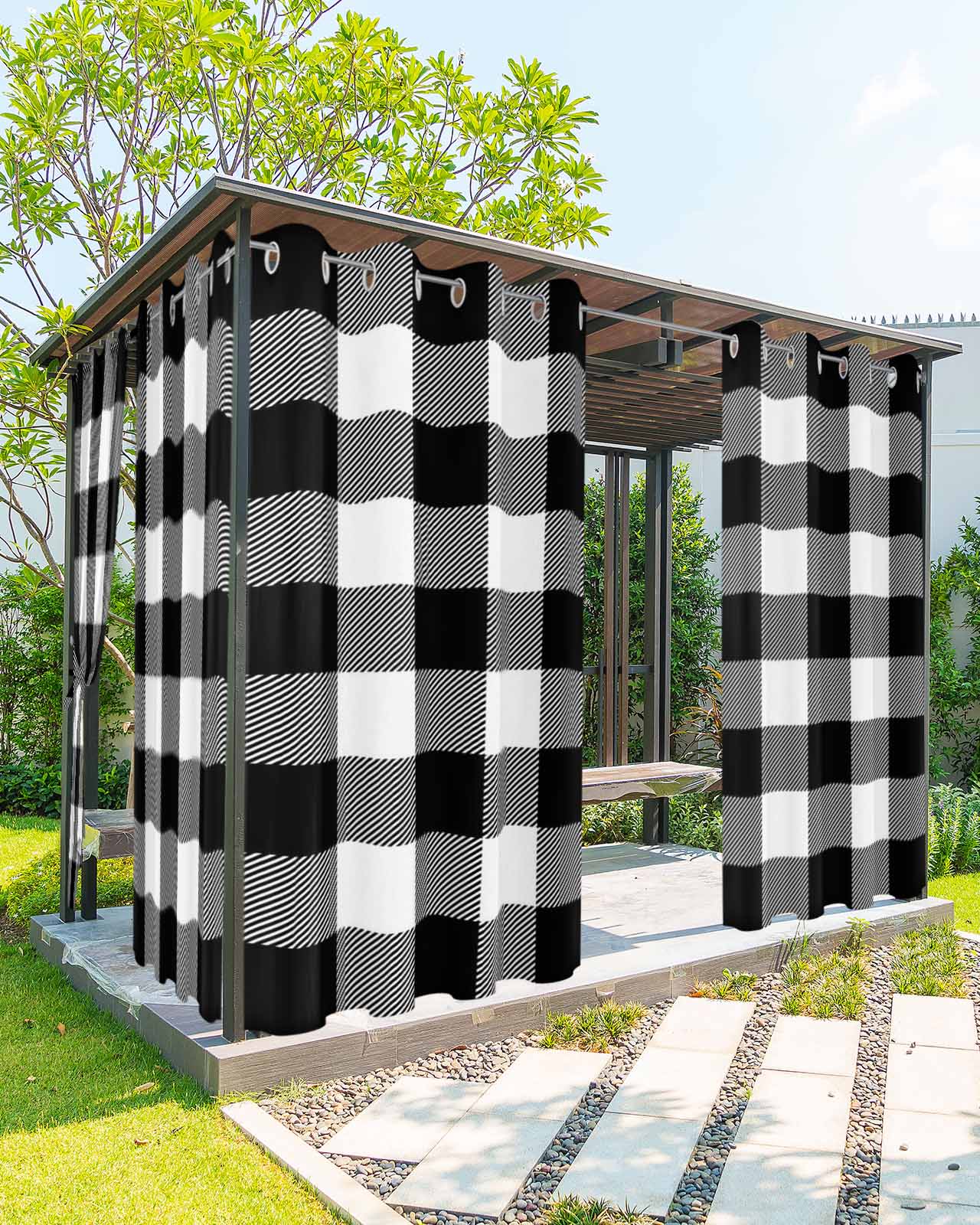 Black White Plaid Outdoor Curtains for Patio, Farmhouse Modern Abstract Art Buffalo Privacy Drapes Grommet Waterproof Outside Curtains for Porch/Cabana/Balcony 54"x 95", 2 Panel
