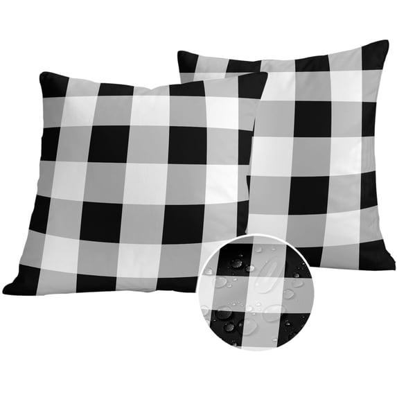 Black White Plaid Outdoor Pillow Covers 18x18 Set of 2,Waterproof Patio Throw Pillowcase Protectors,Spring Farmhouse Buffalo Checkered Decorative Pillow Shams Cushion Covers for Seat Bed Couch Sofa