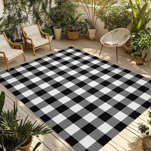 Black White Plaid Outdoor Rug 4x6 Ft - Reversible Patio Rug Outdoor Camping Rugs, Gradient Geometric Buffalo Checkered Washable Indoor Outdoor Area Rugs, Non-Slip Outdoor Carpet Runner for Deck/Porch