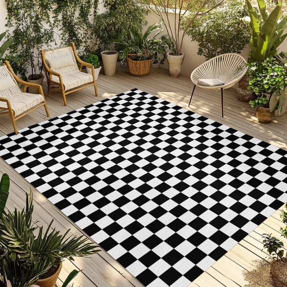 Black White Plaid Outdoor Rug 4x6 Ft - Reversible Patio Rug Outdoor Camping Rugs, Modern Buffalo Check Gingham Art Washable Indoor Outdoor Area Rugs, Non-Slip Outdoor Carpet Runner for Deck/Porch