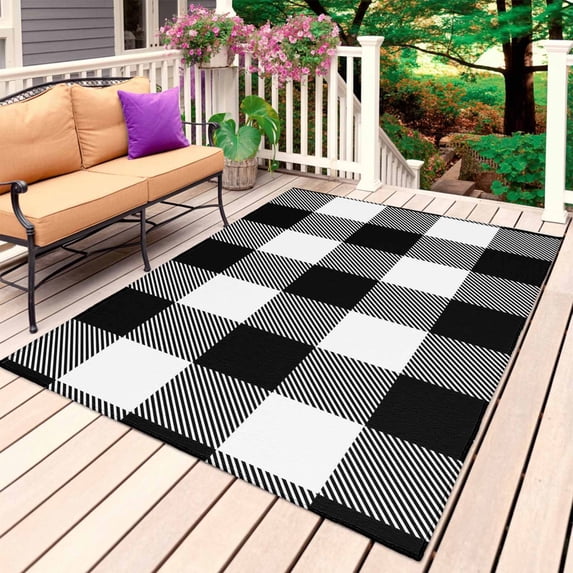 Black White Plaid Outdoor Rug 5x8 Ft, Non Slip Washable Area Rug, Farmhouse Modern Abstract Art Buffalo Patio Rugs Carpet Runner, Large Floor Mat for Indoor/Outdoor Deck Porch Camping