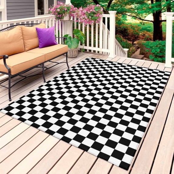 Black White Plaid Outdoor Rug for Patio/Deck/Porch, Non-Slip Large Area Rug 4 x 6 Ft, Modern Buffalo Check Gingham Art Indoor Outdoor Rugs Washable Area Rugs, Reversible Camping Rug Carpet Runner