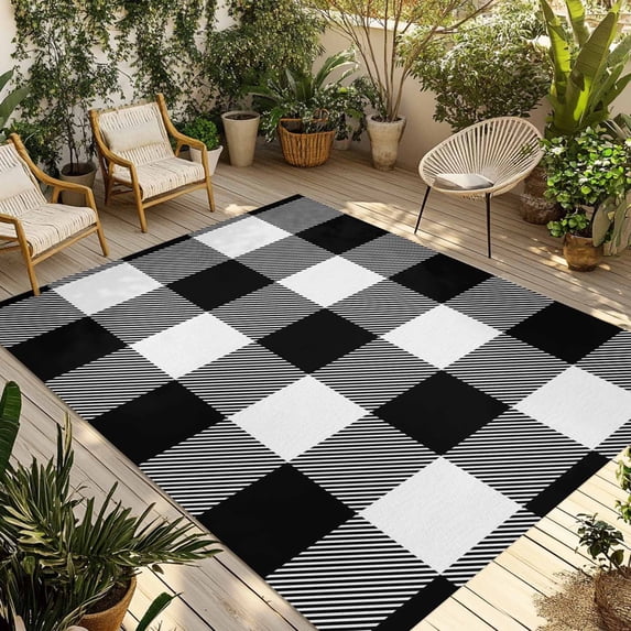 Black White Plaid Outdoor Rug for Patio/Deck/Porch, Non-Slip Large Area Rug 5 x 7 Ft, Farmhouse Modern Abstract Art Buffalo Indoor Outdoor Rugs Washable Area Rugs, Camping Rug Carpet Runner