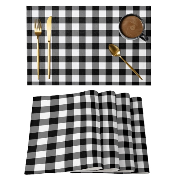 Black White Plaid Placemats Set of 4, Cotton Linen Fabric Place Mats, Gradient Geometric Buffalo Checkered Washable Decorative Table Mats Protector for Home Kitchen Dining Wedding Party Coffee Tables