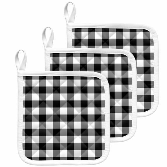 Black White Plaid Pot Holders for Kitchen Heatproof Potholder, 3 Pack Gradient Geometric Buffalo Checkered Hot Pads Multipurpose Oven Pads Cloth Potholders Trivet for Cooking Baking