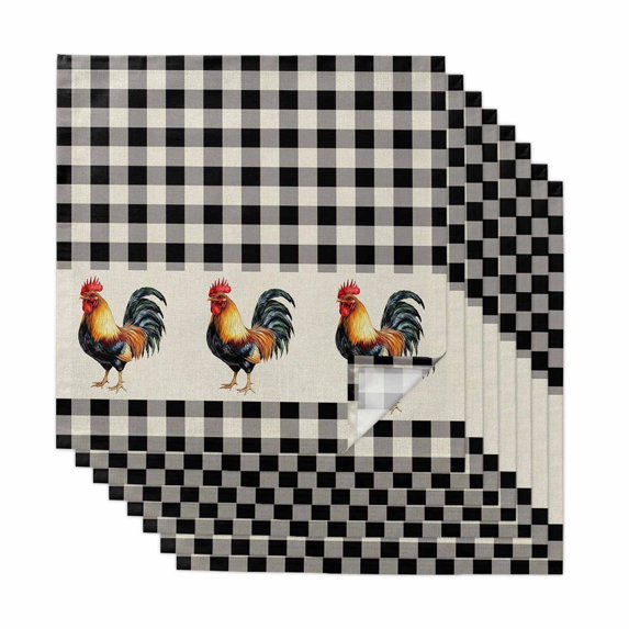 Black White Plaid Rooster Cloth Napkins, Vintage Farmhouse Checkered Rustic Washable and Reusable Dinner Napkins Set of 8, Table Napkin for Kitchen Party Birthday Wedding Hotel Housewarming 20"x20"