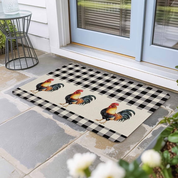 Black White Plaid Rooster Door Mat Indoor Outdoor,Vintage Farmhouse Checkered Rustic Non Slip Welcome Mat with Rubber Backing,Absorbent Fabric Front Door Mats Entryway Rug for Home Entrance 20"x31.5"