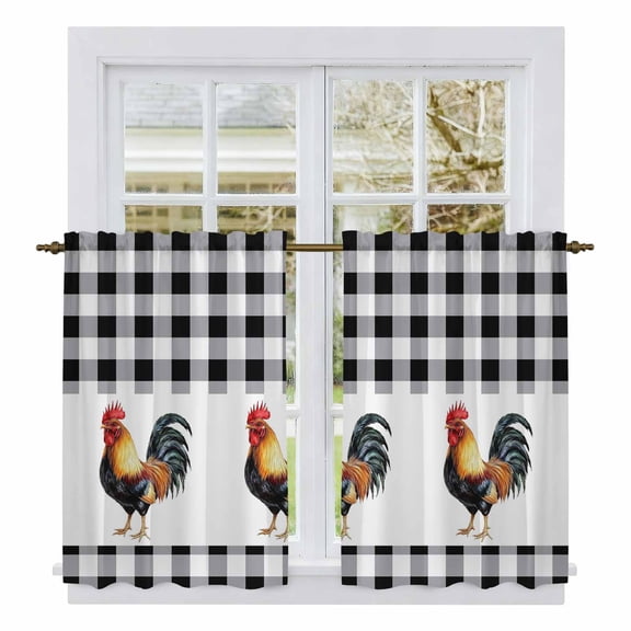 Black White Plaid Rooster Kitchen Curtains, Vintage Farmhouse Checkered Light Filtering Window Curtain Panels, 2Pcs Rod Pocket Window Treatments Set for Cabin Bathroom Bedroom 52x45 Inches