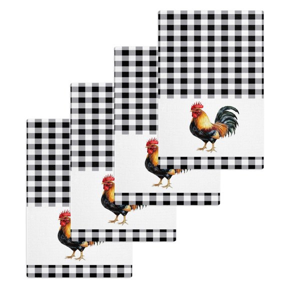 Black White Plaid Rooster Kitchen Dish Towels for Drying Dishes Set of 4, Vintage Farmhouse Checkered Waffle Weave Microfiber Hand Tea Bathroom Towels Quick Dry & Absorbent Towel 15.7x23.6