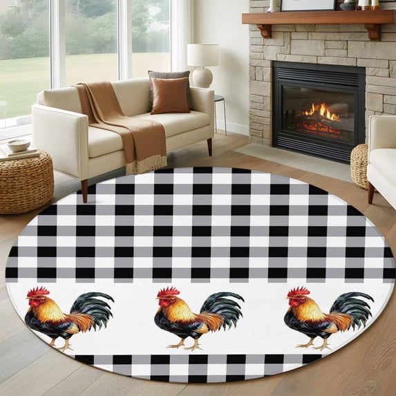 Black White Plaid Rooster Large Round Rug 8 FT, Non Slip Living Room Area Carpet, Vintage Farmhouse Checkered Washable Soft Circle Rug Non-Shedding Floor Carpet for Bedroom Office Dining Room
