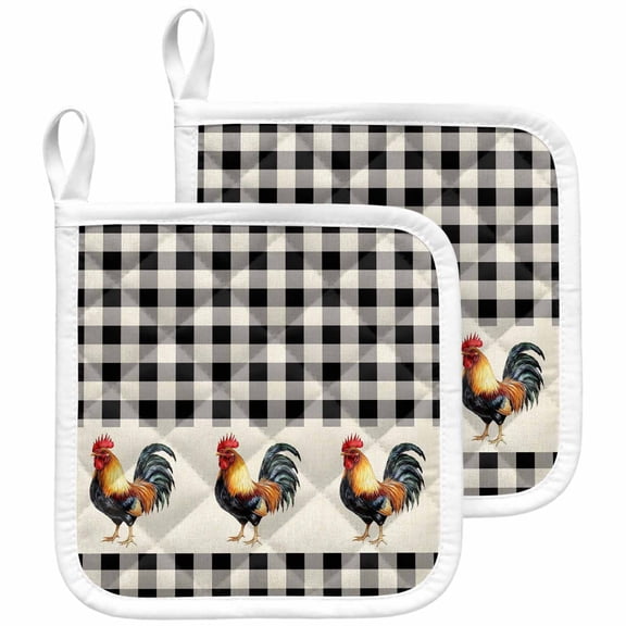 Black White Plaid Rooster Pot Holders for Kitchen Heatproof Potholder, 2 Pack Vintage Farmhouse Checkered Rustic Hot Pads Multipurpose Oven Pads Cloth Potholders Trivet for Cooking and Baking