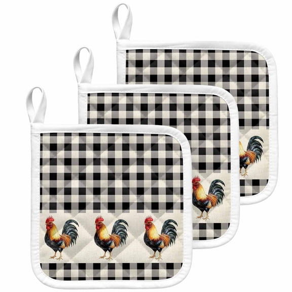 Black White Plaid Rooster Pot Holders for Kitchen Heatproof Potholder, 3 Pack Vintage Farmhouse Checkered Rustic Hot Pads Multipurpose Oven Pads Cloth Potholders Trivet for Cooking Baking