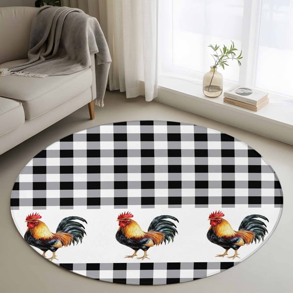 Black White Plaid Rooster Round Area Rug 4ft, Vintage Farmhouse Checkered Washable Non-Slip Circle Rugs for Bedroom Living Room Kitchen, Soft Non Shedding Circle Carpet for Dining Room Dorm