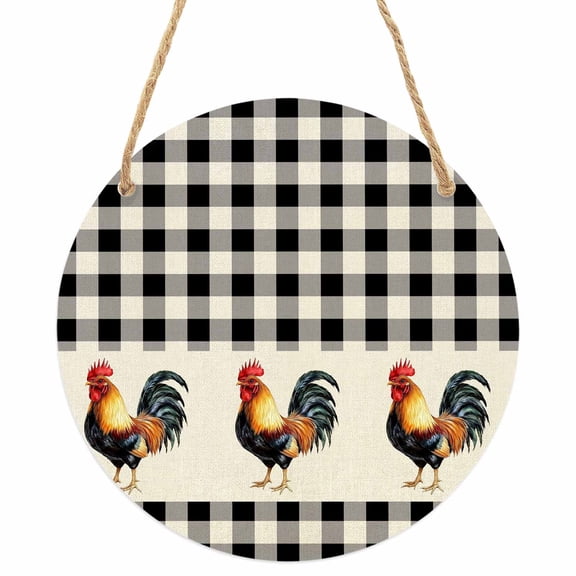 Black White Plaid Rooster Round Front Door Welcome Sign, 5.9 Inch Wall Hanging Decor for Indoor Outdoor, Vintage Farmhouse Checkered Rustic Home Porch Hanger Decorations for Holiday Gift