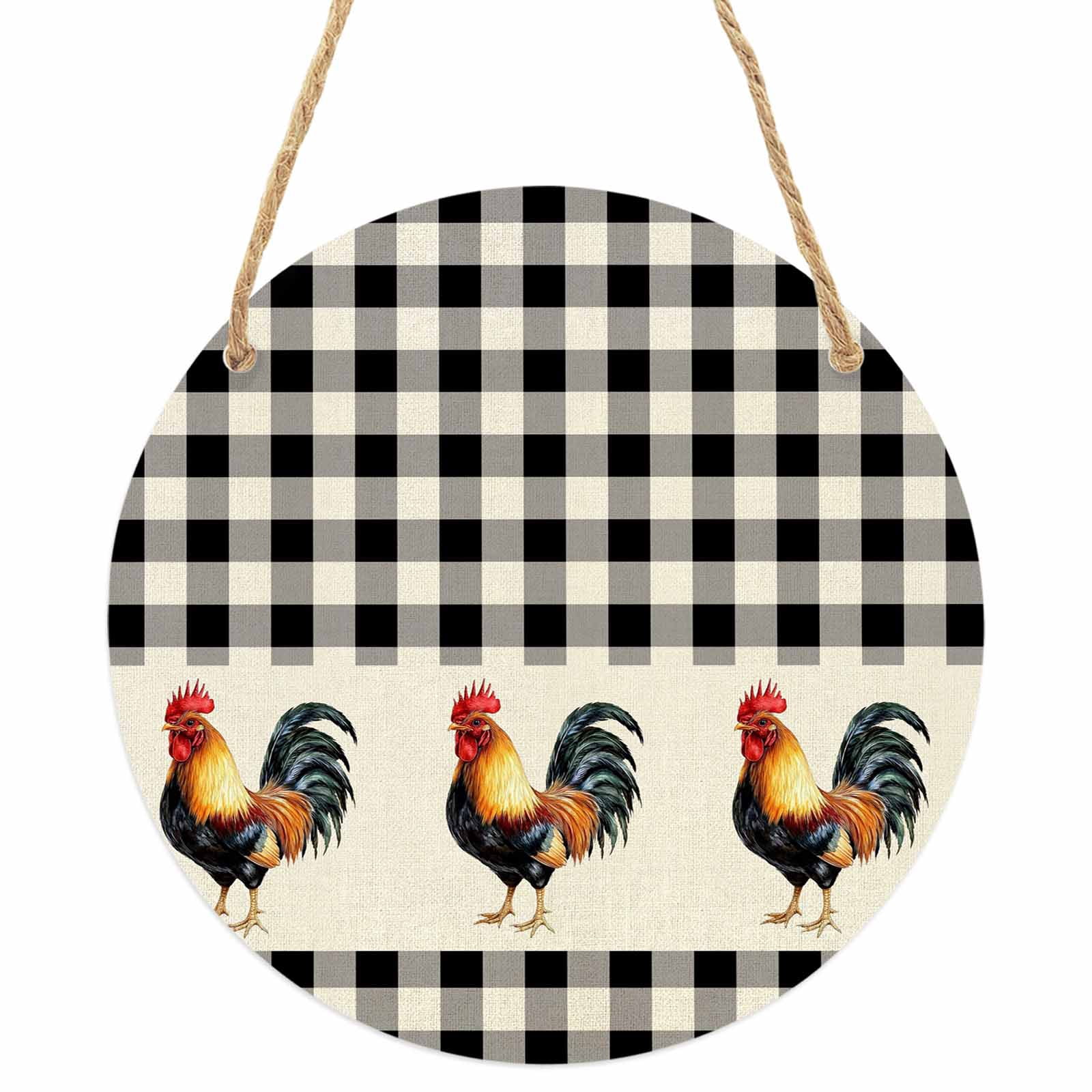 Black White Plaid Rooster Round Front Door Welcome Sign, 7.8 Inch Wall ...