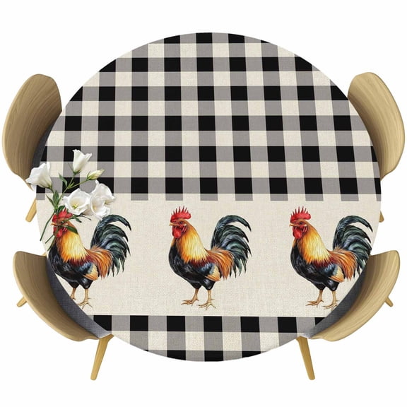 Black White Plaid Rooster Table Cloth, Round Fitted Tablecloths with Elastic Edge, Vintage Farmhouse Checkered Rustic Wipeable Waterproof Table Cover for Kitchen Wedding 36-44 Inches