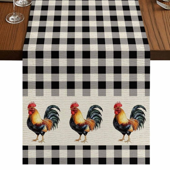 Black White Plaid Rooster Table Runner 120 Inches Long,Vintage Farmhouse Checkered Rustic Cotton Linen Table Runners Dresser Scarves,Tabletop Scarf Furniture Cover for Home Dinner Party 13"x120"