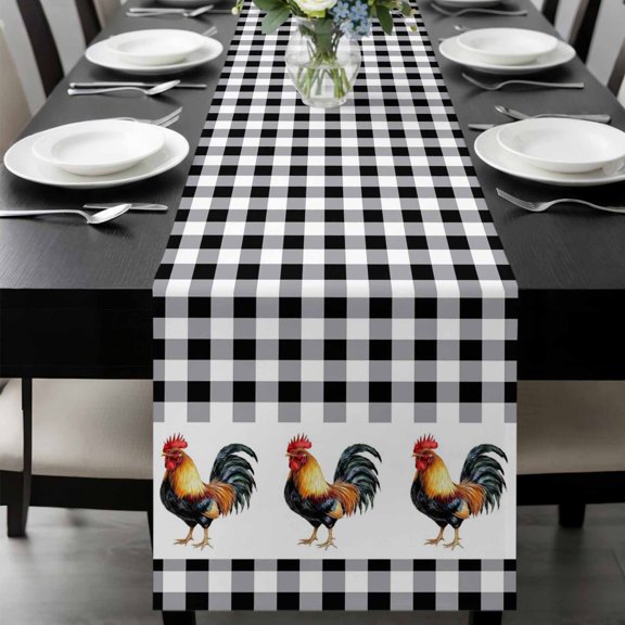 Black White Plaid Rooster Table Runner 36 Inches Long, Vintage Farmhouse Checkered Kitchen Coffee Dining Table Decoration for Home Party Birthday Wedding Home Decor 13x36 Inches