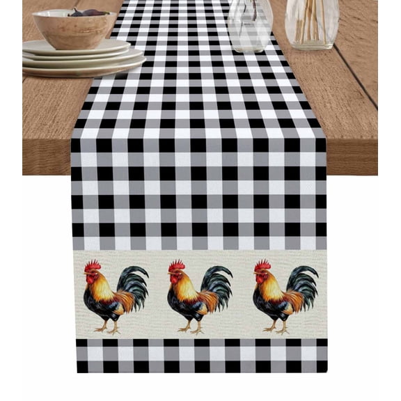 Black White Plaid Rooster Table Runner Vintage Farmhouse Checkered Tablerunners 13 x 60 Inch, Table Decorations Tabletop Scarf for Summer Gathering Holiday Farmhouse Kitchen Dining Decor