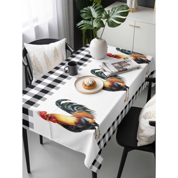 Black White Plaid Rooster Tablecloth Rectangle Table Cloths 54x108, Waterproof Tablecloth Outdoor Table Cloth, Vintage Farmhouse Checkered Washable Table Cover for Kitchen Dinning Party