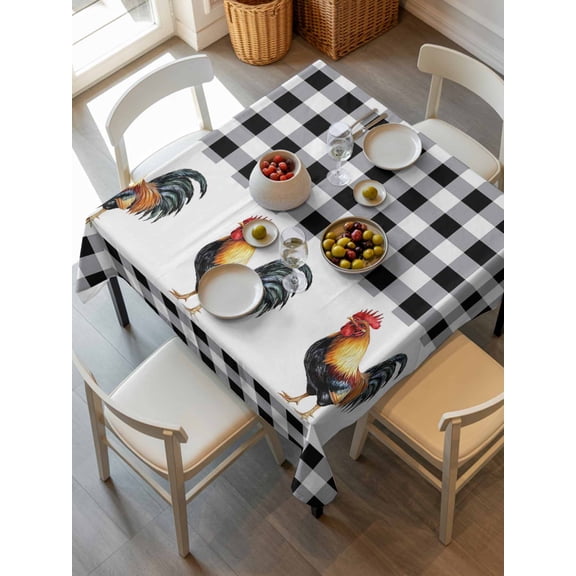 Black White Plaid Rooster Tablecloth Square Table Cloth 54x54, Waterproof Tablecloth Outdoor Table Cloth, Vintage Farmhouse Checkered Washable Table Cover for Kitchen Dinning Party