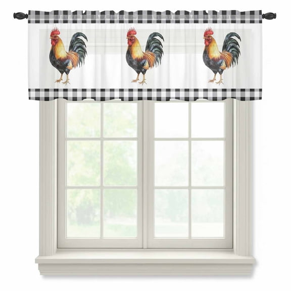 Black White Plaid Rooster Valance Curtains for Kitchen/Living Room/Bathroom/Bedroom Window, Rod Pocket Small Topper Half Short Window Curtains Voile Sheer Scarf, Vintage Farmhouse Checkered 42"x12"