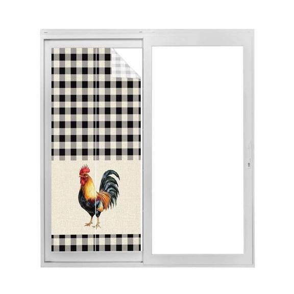 Black White Plaid Rooster Window Privacy Film, Vintage Farmhouse Checkered Rustic Static Cling UV Sun Blocking Tint Film Heat Control Windows Films for Bedroom Bathroom, Window Stickers 17.7"x39.3"