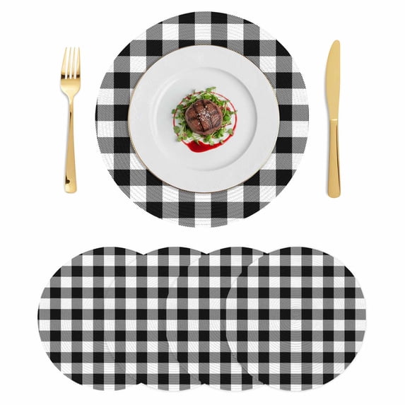 Black White Plaid Round 13 Inch Placemats Set of 4, Farmhouse Modern Art Checkered HeatResistant Non Slip Place Mats for Dining Table, Wipeable Braided Kitchen Table Mats for Housewarming