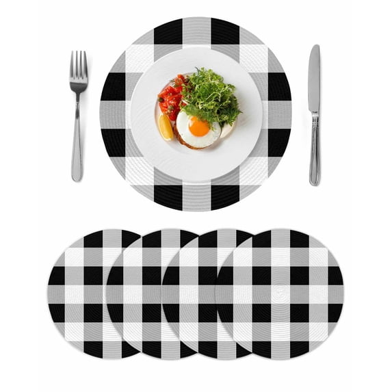 Black White Plaid Round 13 Inch Placemats Set of 4, Spring Farmhouse Buffalo Checkered HeatResistant Non Slip Place Mats for Dining Table, Wipeable Braided Kitchen Table Mats for Housewarming