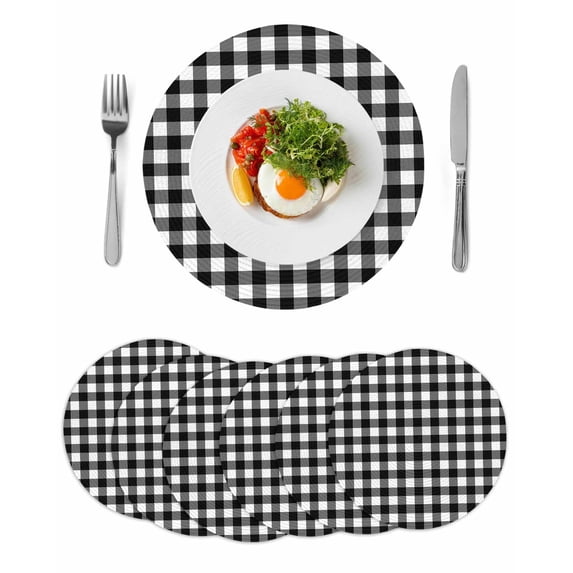 Black White Plaid Round 13 Inch Placemats Set of 6, Modern Simple Buffalo Check Gingham HeatResistant Non Slip Place Mats for Dining Table, Wipeable Braided Kitchen Table Mats for Housewarming
