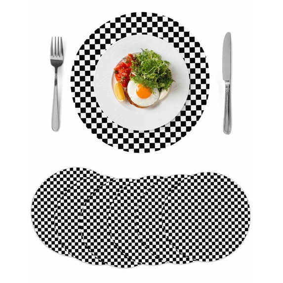 Black White Plaid Round 15 Inch Placemats Set of 6, Modern Buffalo Check Gingham Art HeatResistant Non Slip Place Mats for Dining Table, Wipeable Braided Kitchen Table Mats for Housewarming