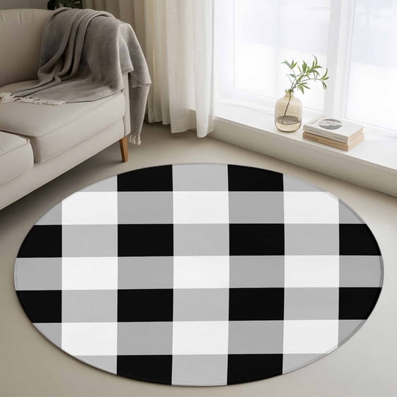 Black White Plaid Round Area Rug 3.3 FT, Non Slip Small Entryway Kitchen Mat, Spring Farmhouse Buffalo Checkered Washable Soft Circular Rug Non-Shedding Door Mat for Bathroom Playroom Kids Room