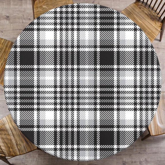 Black and White Plaid Round Fitted Tablecloth with Elastic Edge, Geometric Gingham Waterproof Table Cover, Indoor Outdoor Table Cloth for Kitchen Dinner, Outdoor, Picnic, 36"-44"