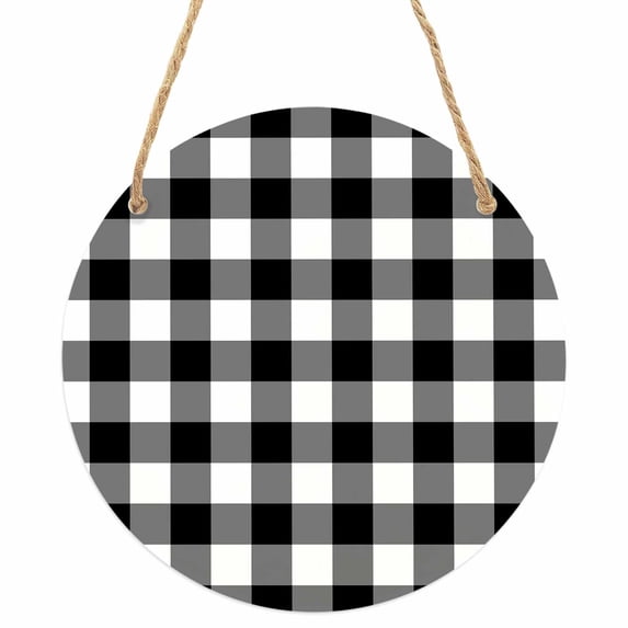 Black White Plaid Round Front Door Welcome Sign, 5.9 Inch Wall Hanging Decor for Indoor Outdoor, Gradient Geometric Buffalo Checkered Home Porch Hanger Decorations for Holiday Gift