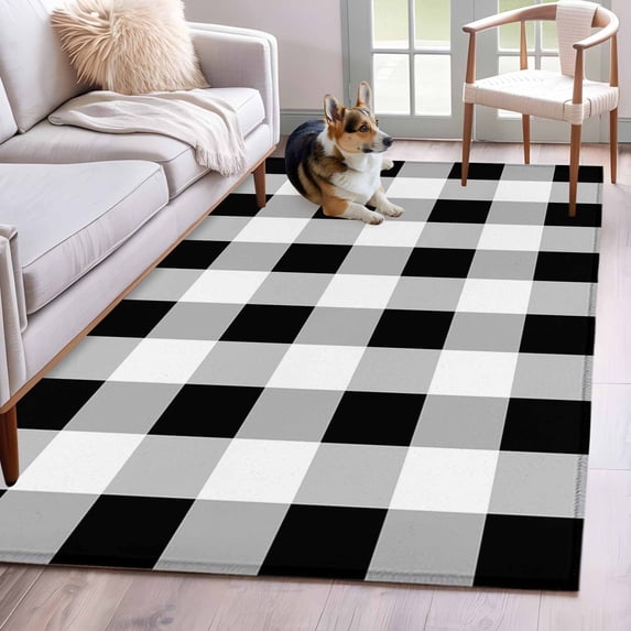 Black White Plaid Runner Rug 2.7x5 FT, Non Slip Entryway Carpet, Spring Farmhouse Buffalo Checkered Washable Soft Floor Carpet Entrance Mat Non-Shedding Throw Rug for Hallway Laundry Room Bedside