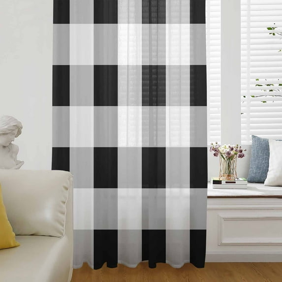 Black White Plaid Semi Sheer Curtains Drapes for Living Room, Bedroom, French Doors Window 63 Inches Long, Spring Farmhouse Buffalo Checkered Rod Pocket Chiffon Curtain Drapery Voile Draperies Panel