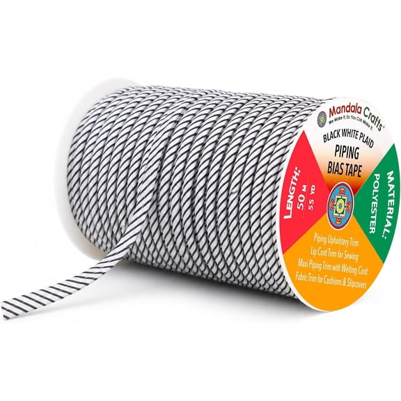 Black White Plaid Sewing Maxi Piping Bias Tape with Welting | Washable, Inch, 55 Yards, Lip Trim, for Upholstery, Hemming, Pillows, Cushions, Slipcovers, Outdoor Furniture