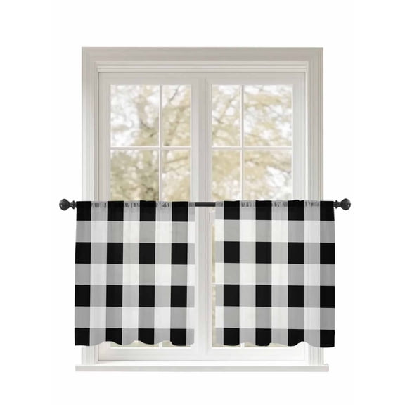 Black White Plaid Sheer Curtains 2 Panels Set Simple Pattern Lihgt Filtering Rod Pocket Voile Drape, Semi Sheer Window Curtains for Bedroom Living Room, 52"x54"