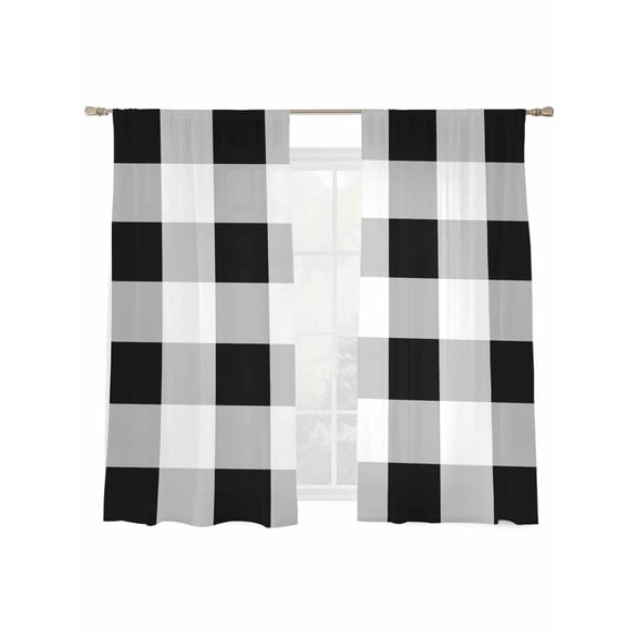 Black White Plaid Sheer Curtains 63 inches Long, Simple Pattern Light Filtering Sheer Window Curtains Rod Pocket Voile Drapes for Bedroom Living Room, 2 Panels