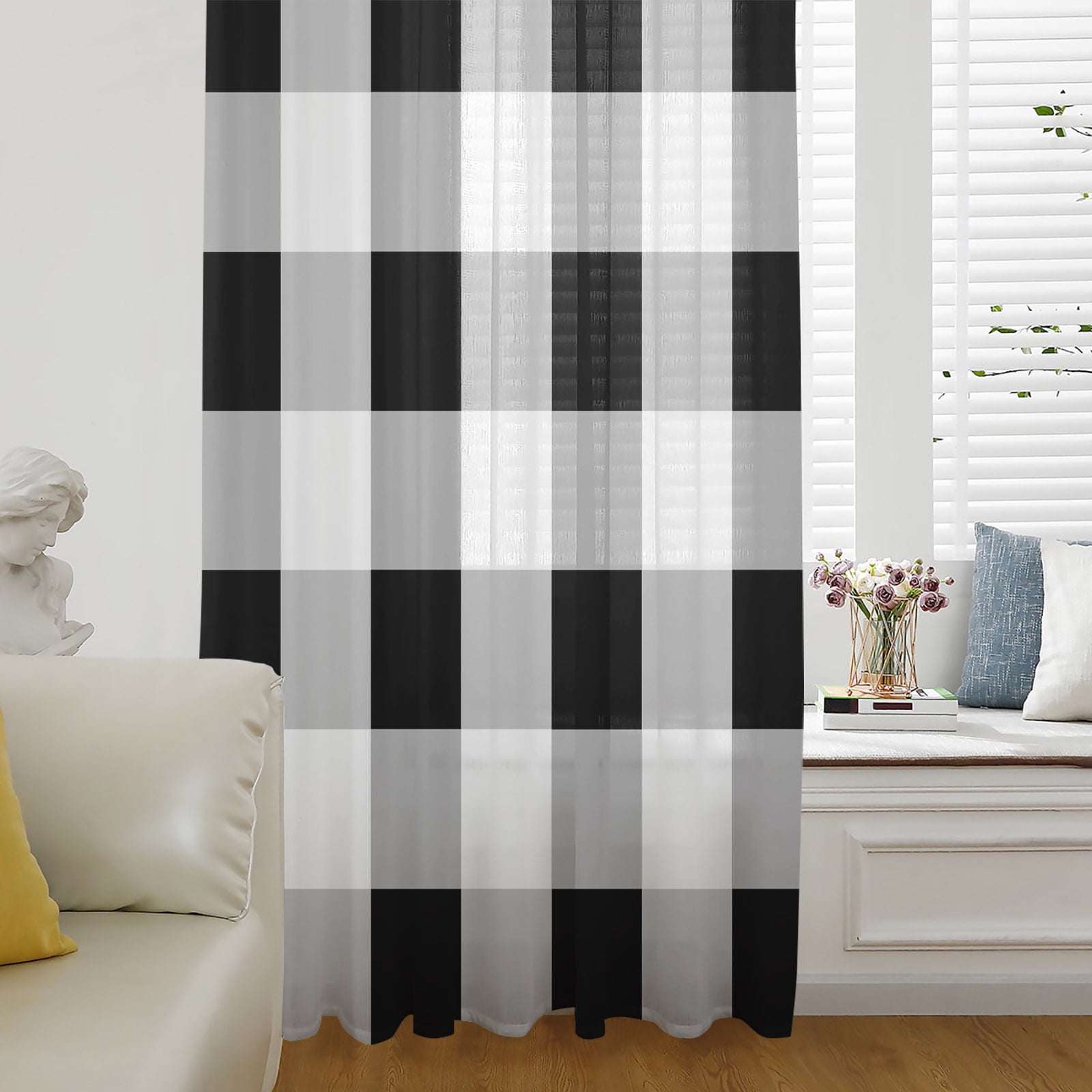 Black White Plaid Sheer Curtains 72 Inch Length, Light Filtering Voile ...