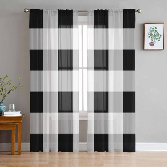 Black White Plaid Sheer Curtains 72 Inches Long 2 Panels Set, Window Sheer Curtains for Living Room/Bedroom, Spring Farmhouse Buffalo Checkered Light Filtering Rod Pocket Curtain 52'' x 72'' x 2