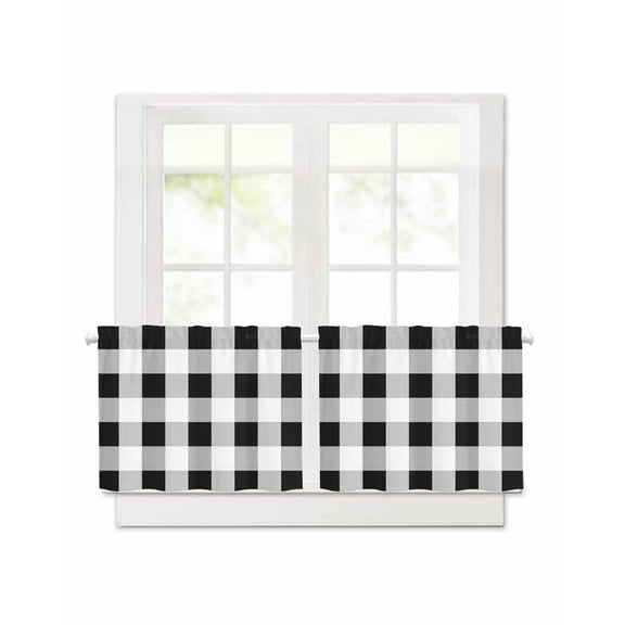 Black White Plaid Short Blackout Curtains 24 Inch Long Simple Pattern Rod Pocket Kitchen Curtains, 2 Panels Thermal Insulated Room Darkening Drapes for Bedroom, 42"W x 24"L