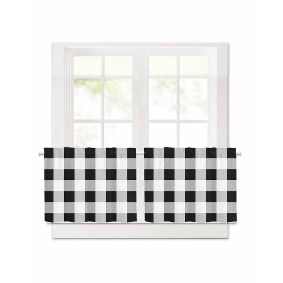 Black White Plaid Short Blackout Curtains 30 Inch Long Simple Pattern Rod Pocket Kitchen Curtains, 2 Panels Thermal Insulated Room Darkening Drapes for Bedroom, 42"W x 30"L
