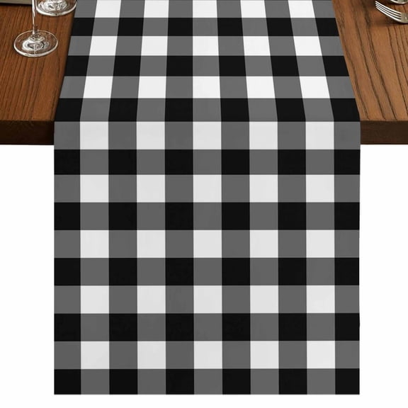 Black White Plaid Short Table Runner 48 Inches Long,Modern Simple Buffalo Check Gingham Cotton Linen Table Runners Dresser Scarves,Tabletop Scarf Furniture Cover for Home Dinner Party Decor 13"x48"