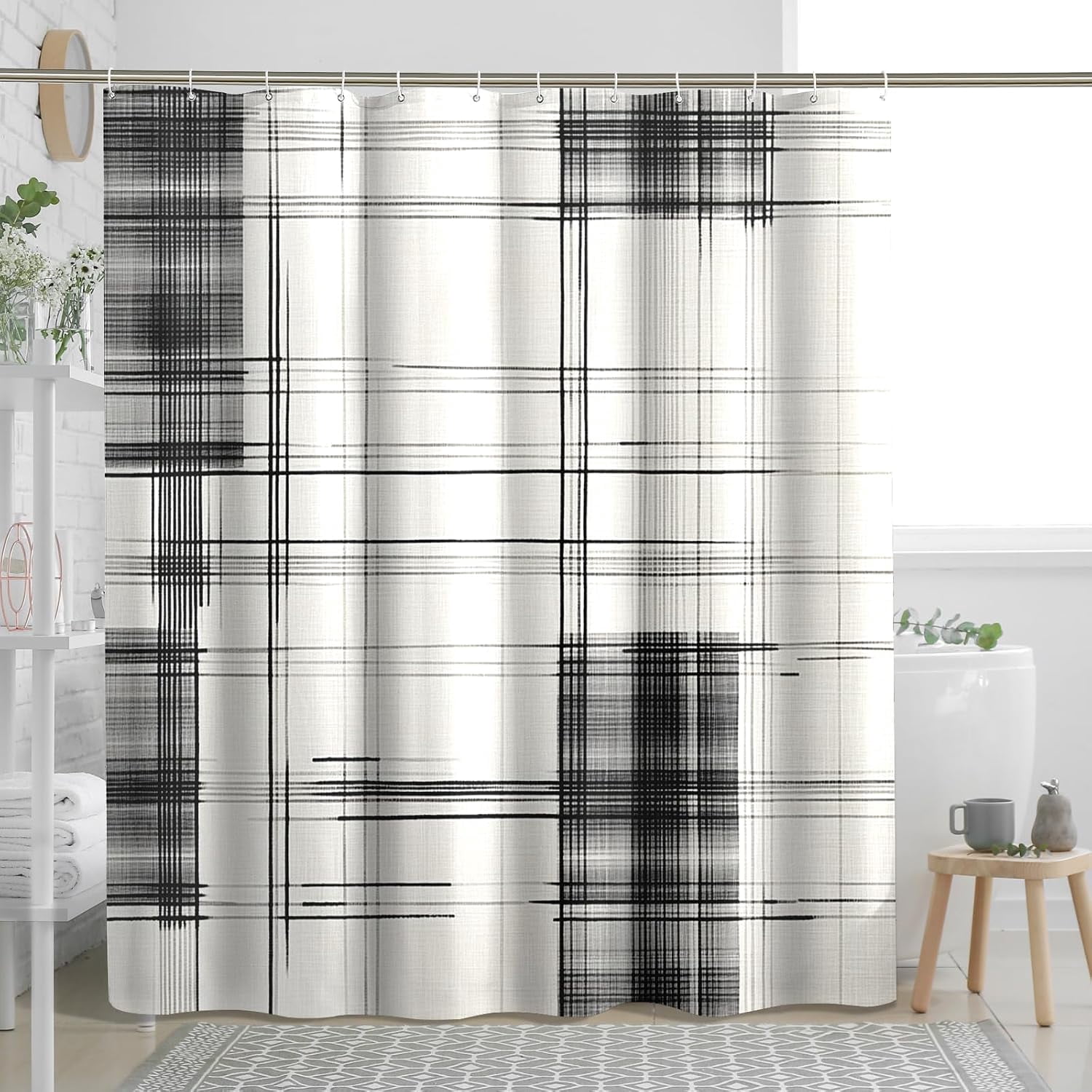 Black White Plaid Shower Curtain, Modern Geometric Check Waterproof ...