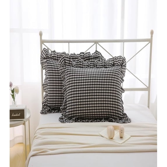 Black White Plaid Square Pillow Shams with Ruffles Checkered Pillowcases Gingham Pillow Cases Washed Cotton Farmhouse Cottage Pillow Covers for Bed/Sofa(18X18inches,Black/White Plaid) 2 Pack